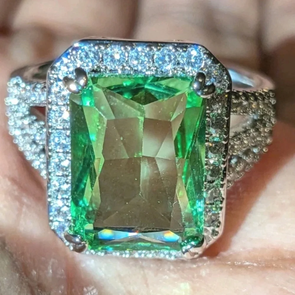 Women's Emerald Cut Green Peridot Halo Engagement Ring 14K White Gold Plated Sz9